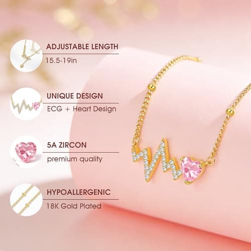 Helirose Heartbeat Heart ECG Pendant Necklace for Women, Dainty 18K Gold Plated Jewelry, Hand-set Cubic Zirconia, 19" Adjustable Chain, Mother's Day, Graduation, Anniversary, Daughter & Birthday Gifts (Pink) - Thumbnail 3