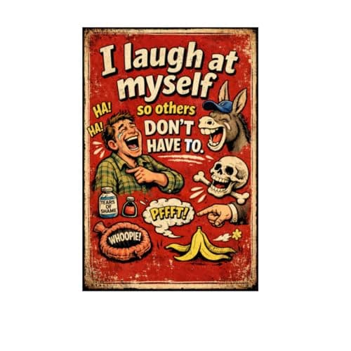 I Laugh At Myself So Others Don’t Have To Tin Sign Vintage Humor Quote Metal Wall Decor Retro Comic Style Funny Plaque Rustic Red Background Art For Home Office Garage Bar 8x12 Inch - Image 1