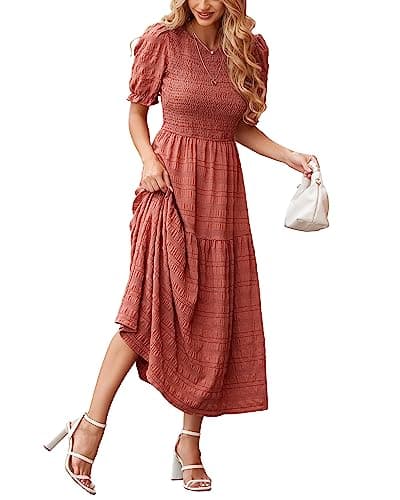 dowerme Womens Summer Dresses 2025 Casual Puff Short Sleeve Crewneck Smocked Flowy Ruffle Boho Beach Party Maxi Sundress(Bean Paste Pink,X-Large) - Image 1