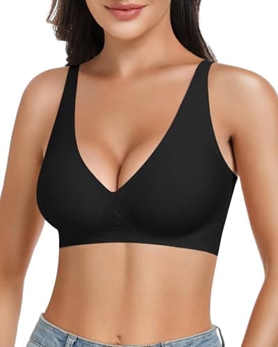 Angelhood Deep V Bras for Women Comfort Wireless Bralettes Adjustable Seamless Plunge Bras Black - Image 1