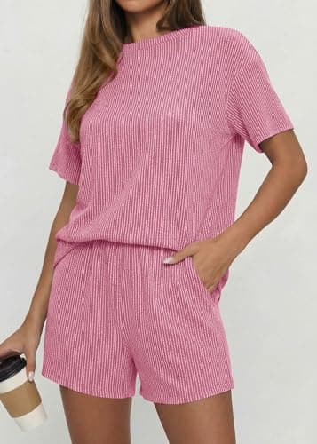 KIRUNDO Two Piece Sets for Women Dressy Casual Ribbed Knit Short Sleeve Top Matching Shorts Lounge Set 2026 Summer Outfits(Pink, Large) - Thumbnail 2