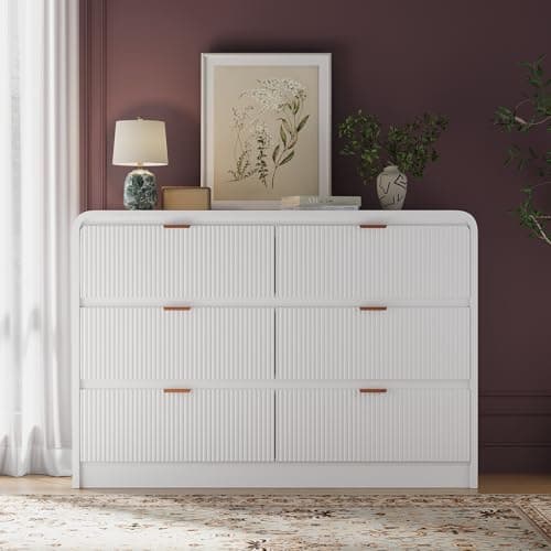 FURSUN Fluted 6 Drawers Dresser for Bedroom, 54" Wide Wooden Dresser with Metal Handle, Curved Profile Design, Modern Storage Organizer for Bedroom, Living Room, Hallway, White - Image 1