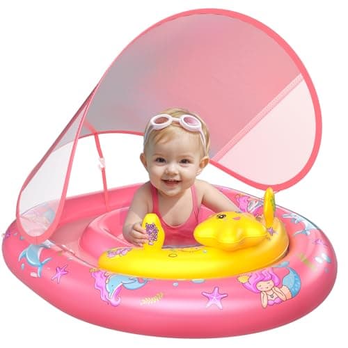 WayEee Baby Pool Float with UPF50+ Canopy - Inflatable Swim Float, Adjustable Safety Seat, Toy Play Console, Sun Protection for Baby 6-36 Months, Infant, Todder Summer Gift, Pool, Bathtub, Beach, Pink - Image 1