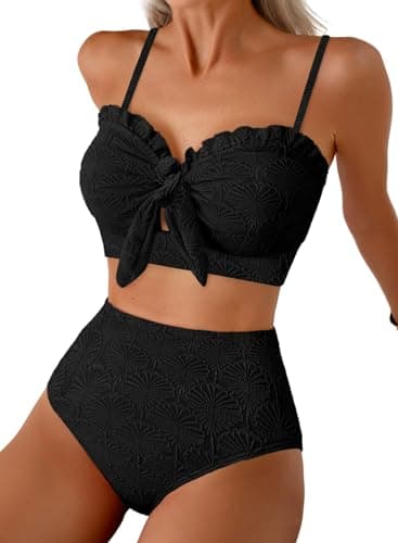 Herseas Women's Seashell Textured Black Bikini Sets Knotted Front High Waisted 2 Piece Swim Suit Ruffle Trim Slimming Bathing Suits Modest Cruise Essentials 2026 Small - Image 1