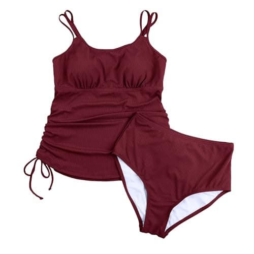 ANFILIA Womens Tummy Control Two Piece Tankini Swimsuits Tie-Side Drawstrings Tankini Set Push up Swimwear Bathing Suits Wine Red - Thumbnail 4