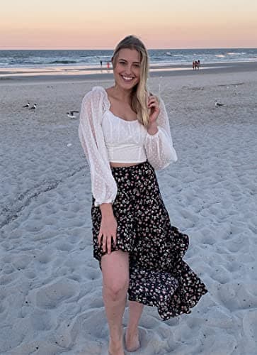 BTFBM Women 2025 Summer Spring Boho Long Skirts Dress Floral Print Elastic Waist Split Ruffle High Low Beach Maxi Skirt(Z-Black, Small) - Thumbnail 3