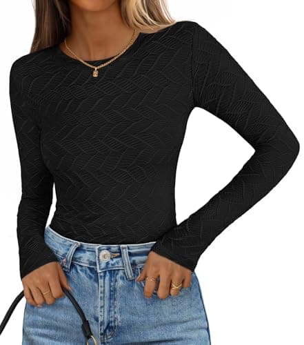 MEROKEETY Women's Fall Long Sleeve Shirts Blouses 2025 Casual Crewneck Textured Fitted Trendy Tops, Black, X-Large - Image 1