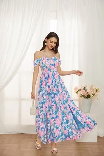 GRACE KARIN Summer Floral Dress for Women 2026,Off the Shoulder Smocked Bridesmaid Dresses,Formal Baby Shower Maxi Dresses Blue Pink S - Thumbnail 3