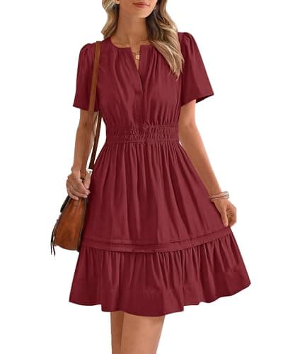 BTFBM Summer Dresses for Women 2026 Casual Boho Sundress Short Sleeve V Neck Ruffle A Line Beach Vacation Mini Dress(Wine Red, Medium) - Image 1