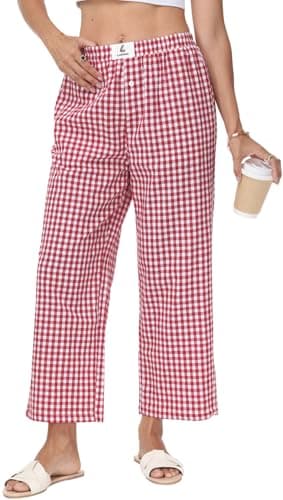 Lallabai 2026 Women Striped Gingham Palazzo Cropped Pants Lounge Boxer Pajama Pants Wide Leg PJ Bottoms Trousers with Pockets - Image 1