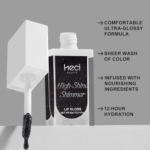 HECI BEAUTY Glitter Lip Gloss, Hydrating High Shine Lipgloss for Women, Non-Sticky Plumping Lip Oil with Vitamin E, Long Lasting Shimmer Finish for Daily Makeup, Midnight Black, 0.21 fl oz - Thumbnail 5