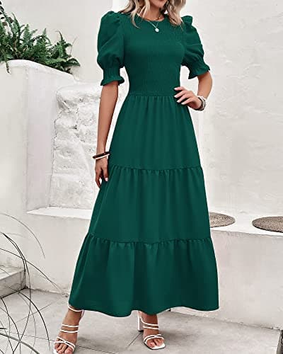 BTFBM Women Casual Summer Dresses 2025 Spring Crew Neck Ruffle Short Sleeve Floral Print Smocked Boho Flowy Maxi Dress(Solid Dark Green, Medium) - Thumbnail 6