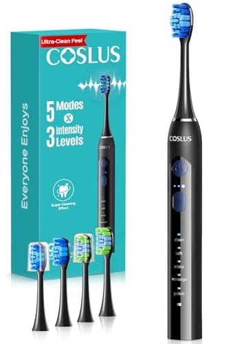 COSLUS Sonic Electric Toothbrush for Adults: 3 Intensities & 5 Modes Customized for Effective Yet Gentle Cleaning - 2 Types of Heads for Gentle or Daily Care, Travel & Family Home Use, Black, 1PC - Image 1