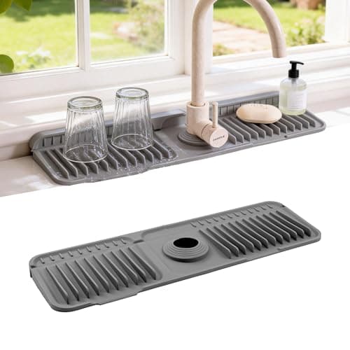 ZJWZLG Faucet Mat for Kitchen Sink, 17.7"X5.5" Silicone Sink Splash Guard with Soap Holder, Snap-On Design & 7°slope Fast Drain, Folding Sink Faucet Mat for Universal Kitchen Bathroom Sink（Grey）