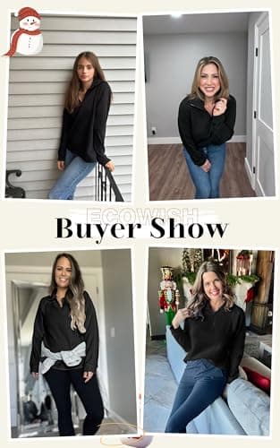 ECOWISH Women Tops Quarter Zip Fall Winter Tunics Casual Oversized Pullover Ribbed Quilted V Neck Collared Outfits Loose 2026 Black Medium - Thumbnail 2