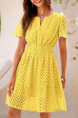 PRETTYGARDEN Womens 2025 Summer Short Dress V Neck Short Sleeve A Line Hollow Out Lace Ruffle Cute Casual Beach Party Dresses (Yellow,Large) - Thumbnail 6