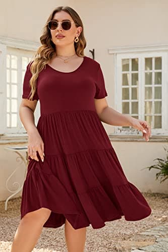 Younrui Women's Plus Size Midi Aline Casual Dress Short Sleeve Solid Babydoll Flowy Ruffle Hem Tiered Summer Dress (1XL-1001-Burgundy) - Thumbnail 3