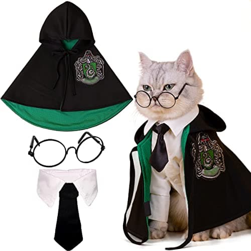 Cat Costumes Halloween 3 Piece Set with Glasses and Neckties, Cat Dog Cosplay Costume Set, Perfect for Party and Gifts for Cat Dog (Green&Black, Large)