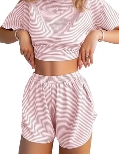 JUSTFASHIONNOW Shorts Pajama Set for Women Two Piece Lounge Set Striped Print Crew Neck Loungewear Short Sleeve Tee and Side Split Shorts Set Summer Outfits Cute Pj Sets Pink XL - Image 1