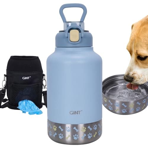 GiNT 37oz Insulated Stainless Steel Dog & Human Water Bottle, All-in-1 Travel Dispenser with Detachable Bowls & Carrying Case, Leak-Proof Pet Canteen for Walking, Hiking, Camping, Car (Blue) - Image 1