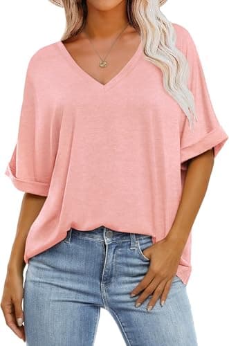 GKBK Womens Oversized T Shirts V Neck Loose Fit Shirts Short Sleeve Summer Casual Tops 2025 Trendy Blouses Y2K Plain Tees Pink L - Image 1