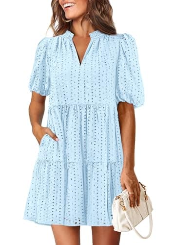 KIRUNDO Eyelet Summer Dresses for Women 2026 Mini Casual Hollow Out Short Sleeve Lace Tiered V Neck Shift Dress Pockets(Light Blue, Large) - Image 1