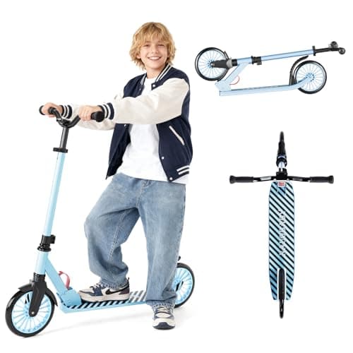 Scooter for Kids, Lightweight Foldable Kick Scooter, 4-Level Adjustable Handlebar, 8-Inch Large Wheels with Shock Absorption, for Ages 6 and Up (Light Blue) - Image 1