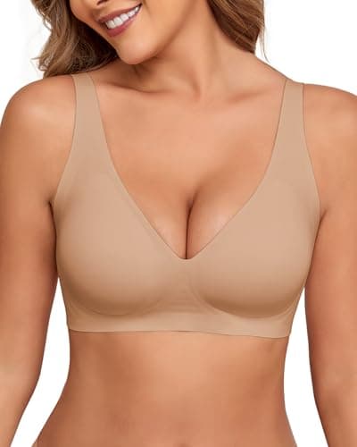 Ubras Womens Wireless Bra Deep V Supportive Lift Bra Seamless Comfort Soft No Underwire Everyday Bra Almond Nude S - Image 1
