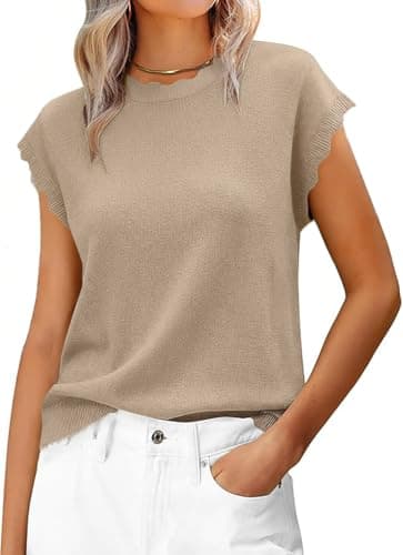 Jenisso Women Summer Sweater Cap Sleeve Lightweight Pullover Soft Knit Top with Scallop Wavy(Beige,XL) - Image 1