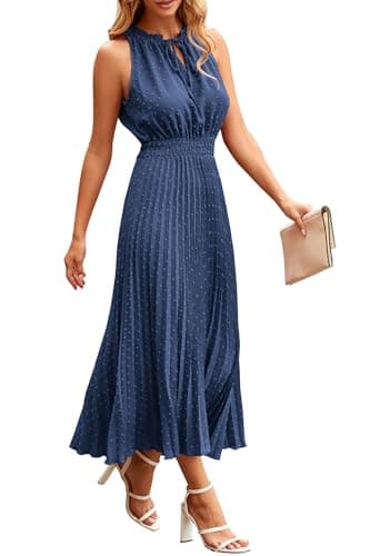 PRETTYGARDEN Women's Midi Summer Dresses Casual V Neck Swiss Dot Ruffle Sleeveless A Line Beach Sun Dress (Grey Blue,Medium) - Image 1