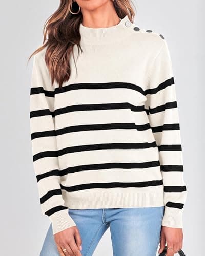 KIRUNDO Fall Sweaters for Women 2026 Striped Turtleneck Ribbed Knit Sweater Trendy Pullover Jumper Winter Fashion Clothing Cream and Black Striped Sweater(Large, White) - Thumbnail 4