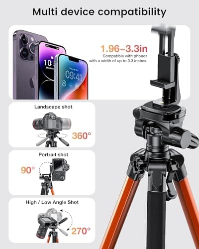 CAMBOFOTO 74"-Camera-Tripod, Professional Aluminum Heavy Duty Tripod Stand for Mirrorless Camera/DSLR/Cell Phone/Camcorder, with Holder and Travel Bag (Orange) - Thumbnail 5