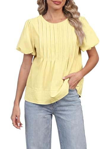 Funlingo Babydoll Tops for Women 2026 Summer Casual Puff Sleeve Blouses Crew Neck Loose Fit Flowy Pleated Shirts Trendy Clothing Yellow L - Image 1