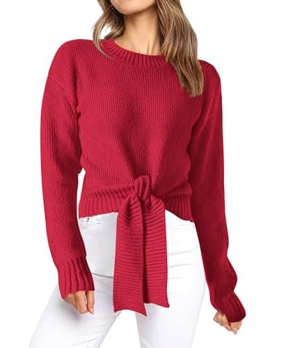 Okiwam Women's Long Sleeve Cropped Sweaters Casual Knit Pullover Tie Front Crew Neck Fall Outfits Spring Fashion Clothes 2026-XL Bright Red - Image 1
