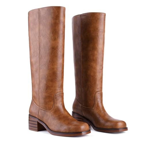 Migpuel Knee High Boots for Women Square Toe Riding Boots Chunky Block Heel Wide Calf Tall Boots Comfortable Low Heel Campus Casual 8.5,brown - Image 1
