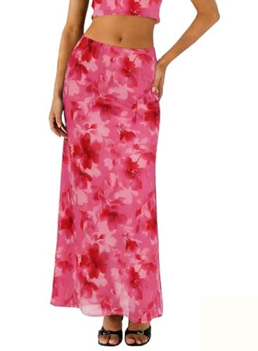 BLENCOT Womens Pink Mesh Skirt Spring High Waisted A Line Long Flowy Maxi Skirts Boho Floral Printed Beach Vacation Skirt for Women Fashion X-Large - Image 1