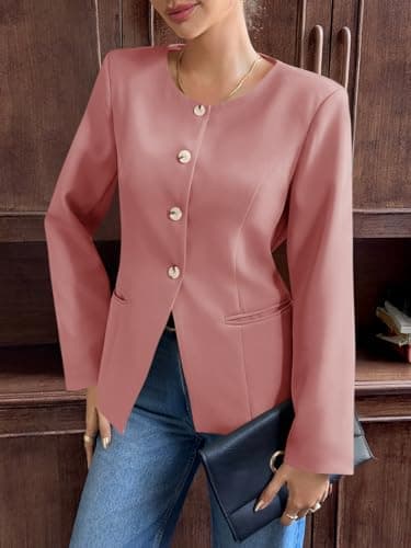Cicy Bell Womens Business Casual Fitted Blazers Collarless Split Hem Work Office Button Down Suit Jackets Pink - Thumbnail 3
