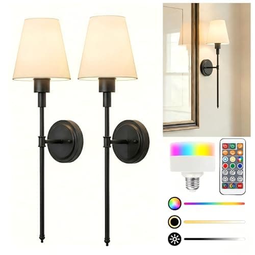 L LOHAS LED Black Battery Operated Wall Sconce Set of 2, 24 Inch 15 Color Rechargeable Wireless Wall Sconces Easy to Install for Living Room - Image 1