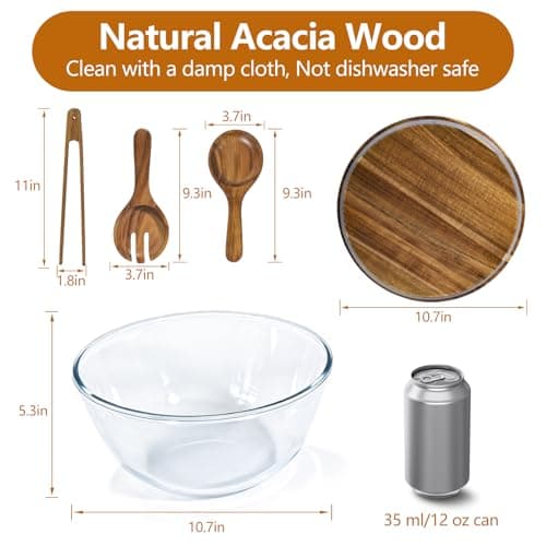 Anyvape Glass Salad Bowl Set, 4.8QT with Acacia Wood Lid & Utensils - Thumbnail 2