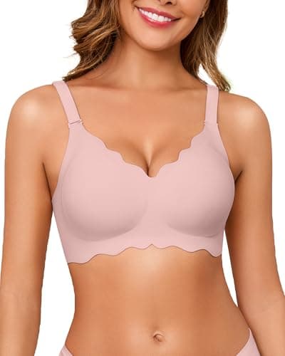 Seamless Bras for Women No Underwire Push Up Bra Full Coverage V-Neck Wirefree Bralettes Soft T-Shirt Everyday Bra, Pink, Small - Image 1