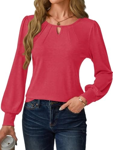 GKBK Women Long Sleeve Tops Dressy Business Casual Blouses Basic Loose Fit Crewneck Work Shirts Pleated Keyhole 2025 Fall Winter Clothes Stylish Outfits Red Medium - Thumbnail 3