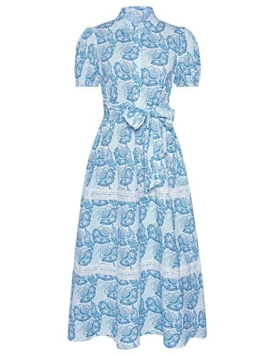 GRACE KARIN Women's 2026 Summer Floral Flowy Dresses Boho Tie Belt Short Puff Sleeve A Line Maxi Shirt Dress with Pocket White Blue X-Large - Image 1