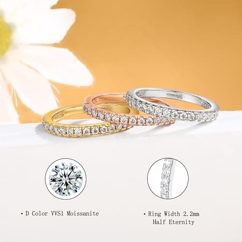 SILVERNANA 0.5ct Moissanite Wedding Band for Women Gold Plated Sterling Silver 2.5MM Width Thick Stackable Half Eternity Ring for Her Size 7 - Thumbnail 2