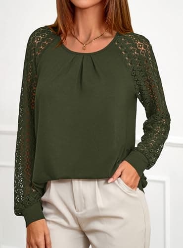 PRETTYGARDEN Womens Long Sleeve Shirts Lace Tops 2026 Spring Fashion Outfits Dressy Casual Blouses Work Clothes (Army Green,X-Large) - Thumbnail 3
