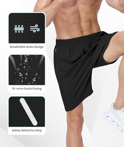UUMIAER Mens Athletic Gym Shorts 7" Utra-Light Quick Dry Running Workout Basketball Shorts with Zipper Pockets Sports Tennis Black - Thumbnail 4