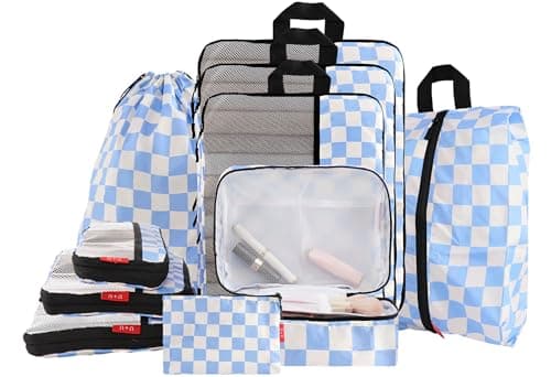 U+U 10 Set Compression Packing Cubes - Ultralight Travel Organizers with Laundry Bag and Cosmetic Bag, Space-Saving Suitcase Organizer for Travel, Business Trip and Family Vacation (Blue Checkered) - Image 1