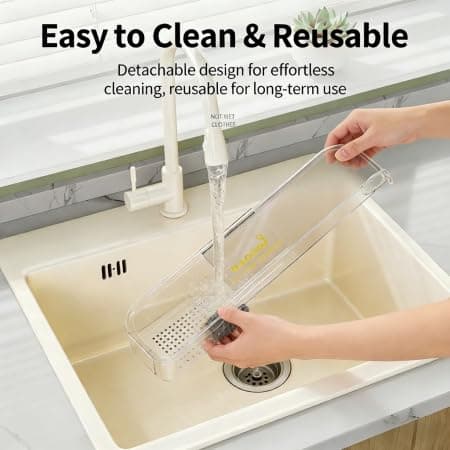 2-in-1 Sink Splash Guard & Storage Organizer, Adjustable Telescopic 14.17-21.85 In/36-55.5cm, Non-Slip Adhesive, Thick Durable Material, Multi-Scene for Kitchen Bathroom to Tidy Countertops - Thumbnail 6