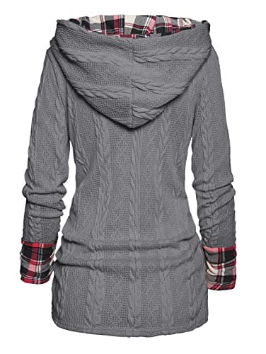 ZEZCLO Women's Twisted Cable Knit Mock Button Ruched Shawl Neck Knit Top Plaid Print Hooded Sweater Gray - Thumbnail 4