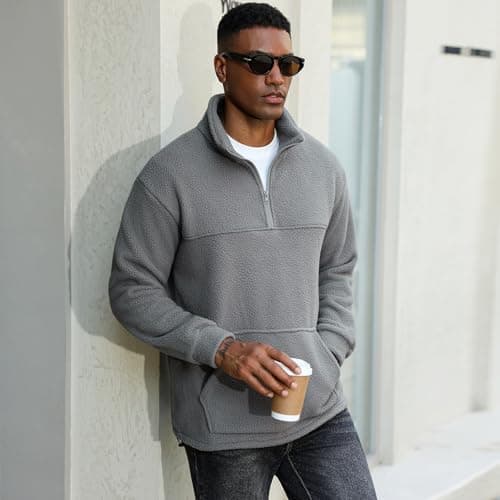 ZAFUL Mens 1/4 Zipper Fluffy Polar Fleece Pullover Sweatshirt Printed Kangaroo Pocket Fall Winter Unisex Hoodie Tops Gray L - Thumbnail 4