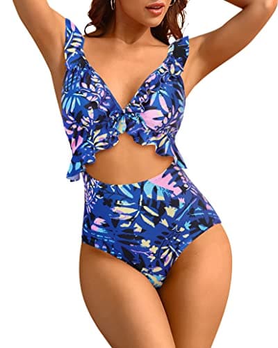 SOCIALA Womens Ruffle One Piece Swimsuit Cutout Strappy Monokinis Swimwear Bathing Suits(Medium, Navy Flower) - Image 1